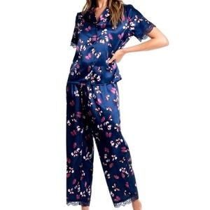 IN BLOOM BY JONQUIL Womens Large Satin Navy Blue Purple Butterfly Pajama Set PJs
